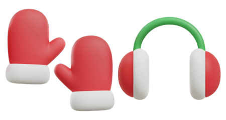 3D cartoon red Christmas mittens and earmuffs isolated on transparent background, PNG file