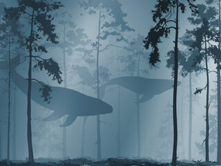 Forest with whales, vector illustration