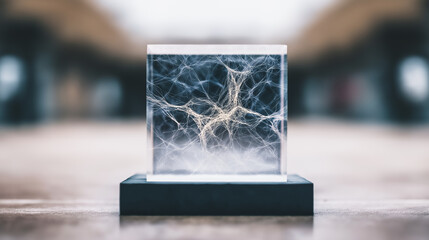 High-Tech Concept: Neural Network or Cosmic Web Structure in a Transparent Cube