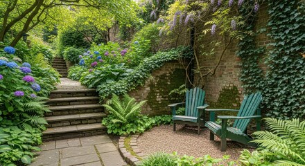 Charming garden nook with two adirondack chairs next to a stone pathway and ivycovered wall