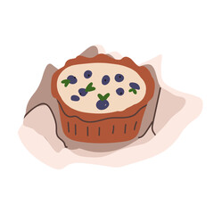 Cheesecake, sweet bakery with blueberries. Hand drawn vector illustration.
