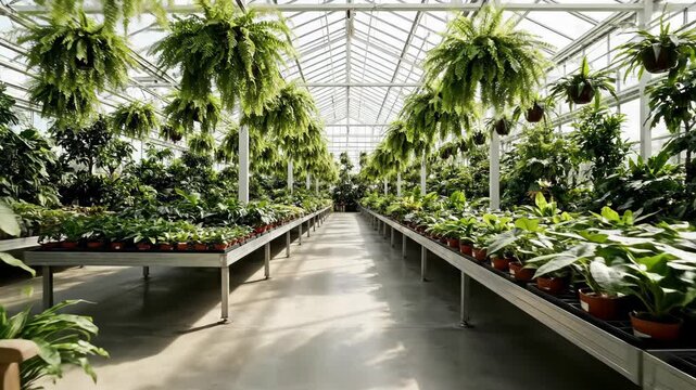 Bright Greenhouse Interior With Bench And Extensive Plant Collection Displayed In Rows With Natural Lighting And Glass Roof Structure