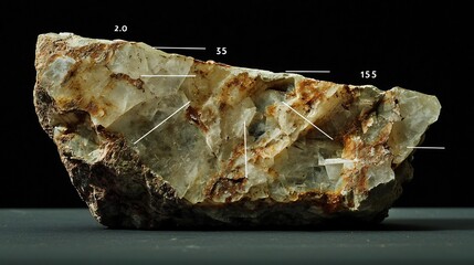 Mineralogical sample of quartz crystallographic axes labeled