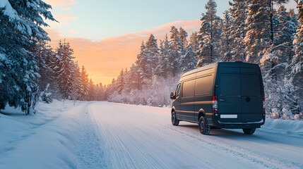 A delivery van moves along a snow-covered highway amid a winter forest against a bright daylight backdrop