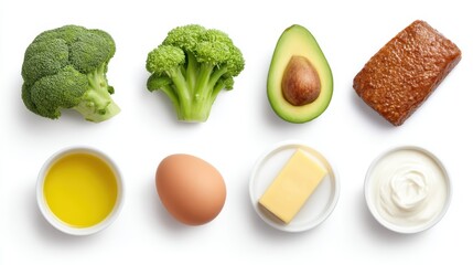 Fresh Foods High in Vitamins Including Broccoli, Avocado, Olive Oil, Egg, Butter, Cream, and Their Nutritional Benefits for a Healthy Diet