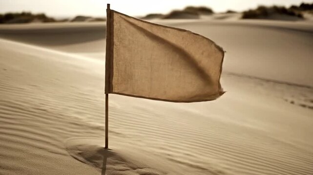 Worn White Flag Waving in Arid Desert Sand Dunes