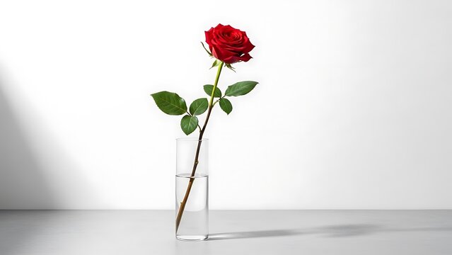 Single red rose flower in glass vase on white background for minimalist romantic symbol of deep love