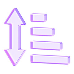 Purple translucent sort icon featuring arrows and bars for organizing lists and content hierarchy. Ideal for user interfaces requiring data arrangement, priority settings, or sequence adjustments.