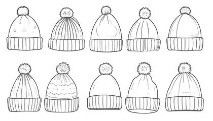 Line-art depiction of ten diverse knit hats, each with a pom-pom, showcasing variations in pattern and design for winter apparel