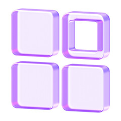 Minimalist purple grid view icon designed in glassmorphism style for layout and display settings. The transparent block structure provides clear visual for gallery views and dashboard arrangements.