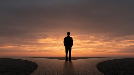Man Standing at a Crossroads Contemplating Choices Against a Sunset Sky with Calm Waters in the Background