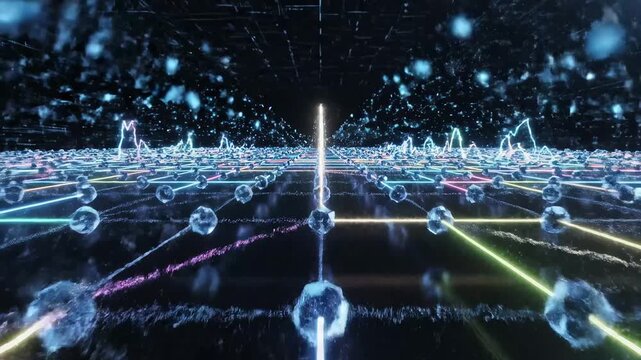 Futuristic digital space with glowing lines and spheres