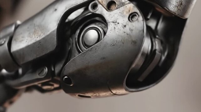 Close-up of weathered robotic arm joint with rusted metal, bolts, and gears. Dark cyberpunk style highlights mechanical detail and industrial texture. Futuristic prosthesis or android limb concept