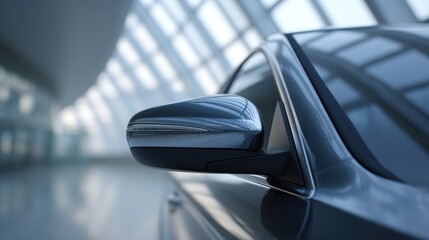Close-Up of a Vehicle Side Mirror with Reflections and Sharp Focus in a Modern Interior Space