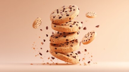 Stack of chocolate chip cookies with flying crumbs