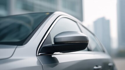 Detailed Close-Up of a Vehicle Side Mirror Reflecting Urban Environment with Sharp Focus on Glass and Sleek Design, Ideal for Automotive Themes