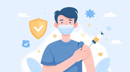 masked man rolling up his sleeve to receive a vaccine shot, surrounded by virus icons and a safety shield.