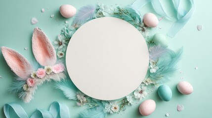 Easter Bunny Ears and Eggs Flat Lay on Pastel Background