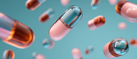 Colorful 3D capsules floating on blue background