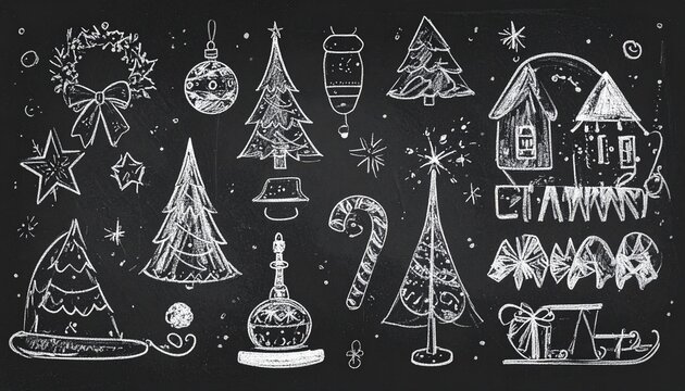 "Whimsical chalkboard Christmas doodles in white on black."