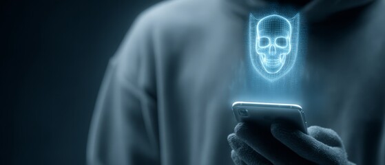 Hacker with Smartphone and Glowing Cyber Skull Icon