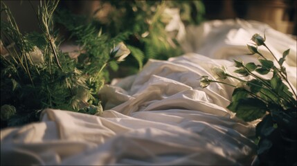 Natural interment process captured in medium shot showing soft cotton shrouds gently enveloping the deceased in an earthfriendly setting.