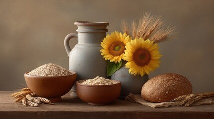 Still Life Composition of Grains, Wheat, and Sunflowers in Rustic Setting with Earthenware and Natural Elements