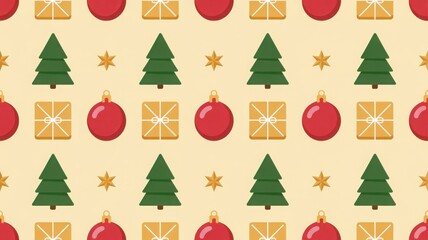 A festive retro-style Christmas pattern design featuring trees, ornaments, and gifts on a beige background.