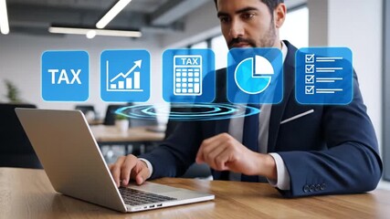 Focused Businessman Using Laptop with Virtual Financial Data and Tax Management Interface, Business Technology Concept - Powered by Adobe