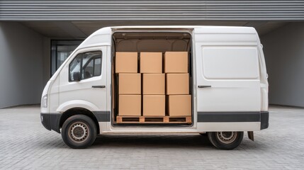 White Delivery Van Loaded with Cardboard Boxes Ready for Transportation in Modern Urban Setting