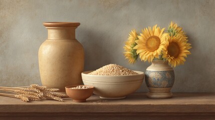 Still Life Composition Featuring Grains and Wheat with Sunflowers in a Rustic Setting, Earth Tones, and Textures That Evoke Agricultural Life