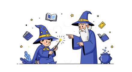 Wizard mentorship concept showcasing magical training and fantasy learning environment for young