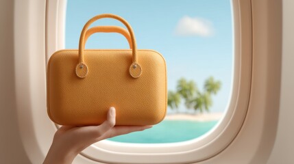 Inspiration for Travel: Hand Holding Yellow Suitcase Against Tropical Ocean View from Airplane Window