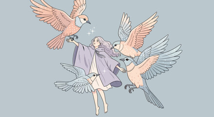 Whimsical girl with flowing hair surrounded by pastel birds in flight, ethereal fantasy illustration.