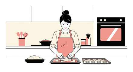 Woman baking cookies in kitchen, making dough on baking sheet, preparing sweet treats