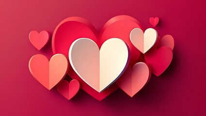 Paper Cut Heart Composition on Red Background