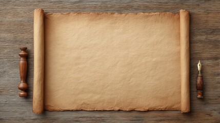 Vintage Parchment Sheet Resting on Rough Wood Surface with Wooden Rollers and Fountain Pen, Ideal for Old-Style Document Presentation or Writing