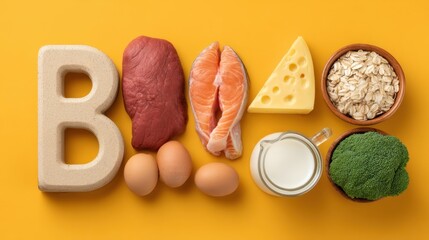 Colorful Display of Foods Rich in Vitamin B12 for Nutrition Guidance and Healthy Living Choices