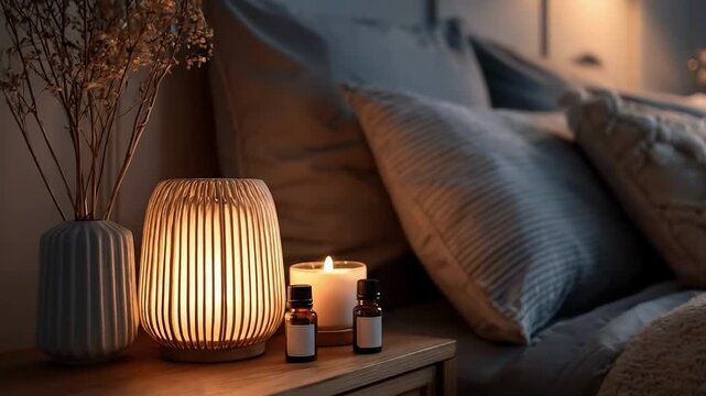 Cozy bedroom nightstand with lit rattan lamp, essential oil bottles, and burning candle. Dried pampas grass beside plush pillows on bed, soft ambient lighting evokes relaxation. Serene home interior