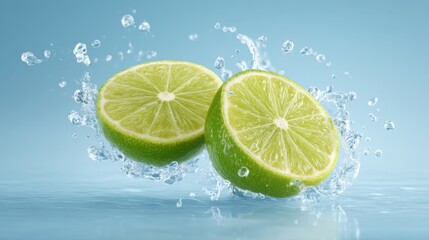 Fresh Summer Lime Slices Splashing in Water with Blue Background Creating a Refreshing and Vibrant Atmosphere for Beverage Concepts