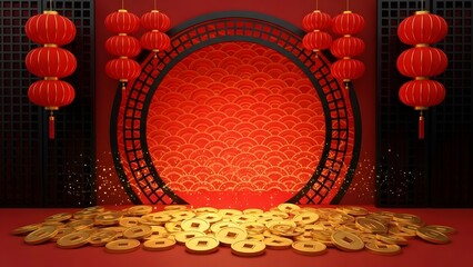 Obraz premium Red chinese new year scene with gold coins and lanterns on red stage