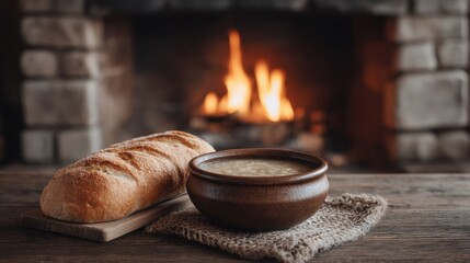 Inviting Winter Meal Scene with Hot Soup and Fresh Bread Near a Cozy Fireplace