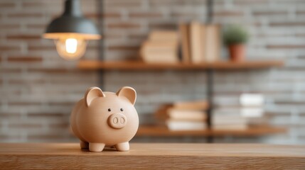 Rustic Piggy Bank on Wooden Table Surrounded by Cozy Interior Decor Elements and Soft Lighting for Financial Savings Concept