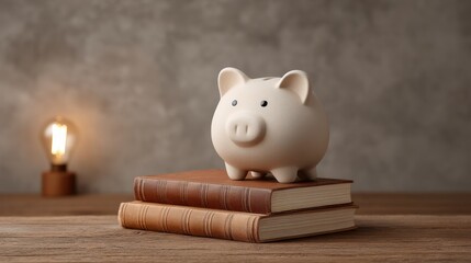 Rustic Decor Featuring Toned Piggy Bank on Stacked Books in Warm Interior Setting with Soft Lighting for Home and Office Aesthetic