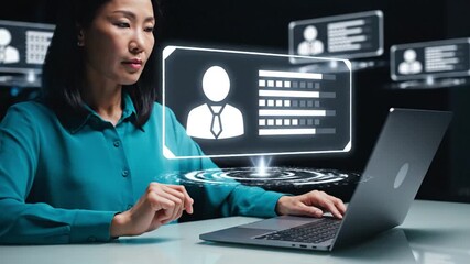 Professional woman managing digital profiles and data with futuristic holographic interface on laptop, symbolizing AI, HR, and advanced user inform... - Powered by Adobe