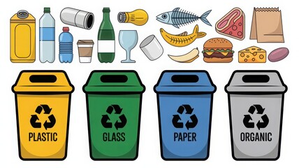 Sorting waste into recycling bins for plastic, glass, paper PageSpeed, and organic materials.