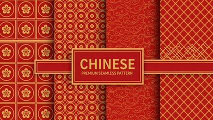 Collection of traditional chinese new year elements with red and gold patterns and designs on various shapes and backgrounds for festive decorations and celebrations