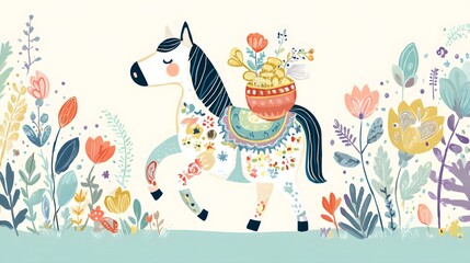 Fototapeta premium Floral Horse Illustration in Folk Art Style. Cute Pony Surrounded by Spring Flowers and Botanical Elements. Illustration of a cute horse wearing floral patterns, carrying Money pouch.