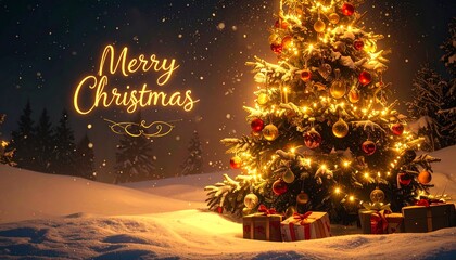 "Show a beautifully decorated Christmas tree with glowing lights and ornaments under a dark night sky, topped with a glowing star and 'Merry Christmas' written in elegant cursive."