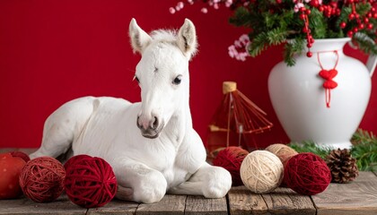 "Show a festive holiday scene with a white horse figurine on wooden surface, surrounded by red, burgundy, and beige yarn balls, red berries, greenery, pine cone, and red ornament against solid red bac